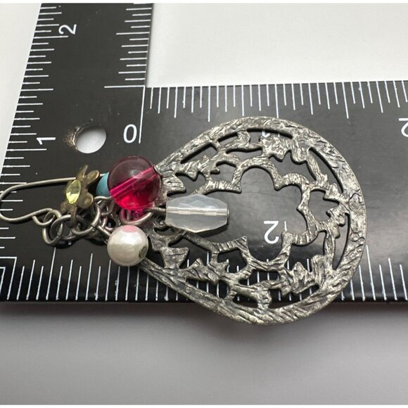 Boho Chic Filigree Dangle Earrings Open Work Lightweight Metal Colorful Beads - Picture 2 of 4